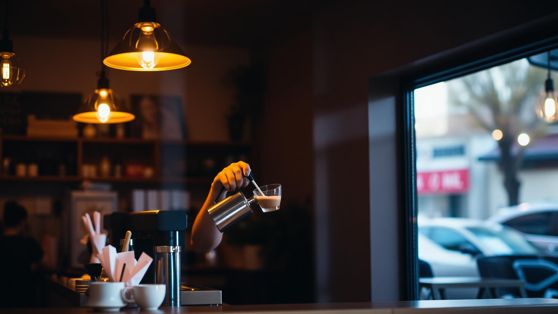 Barista pouring milk into espresso under warm pendant lights