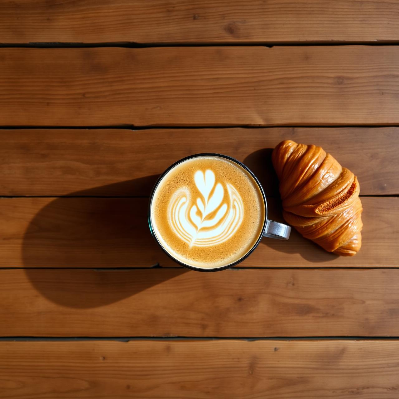 Top-down latte with art and golden croissant